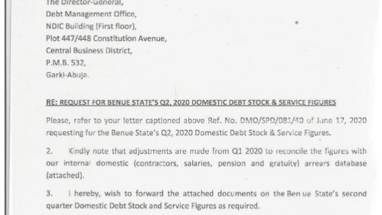 YEAR 2020 BENUE STATE 2ND QUARTER DOMESTIC DEBT DATA REPORT YEAR 2020 BENUE STATE 2ND QUARTER DOMESTIC DEBT DATA REPORT