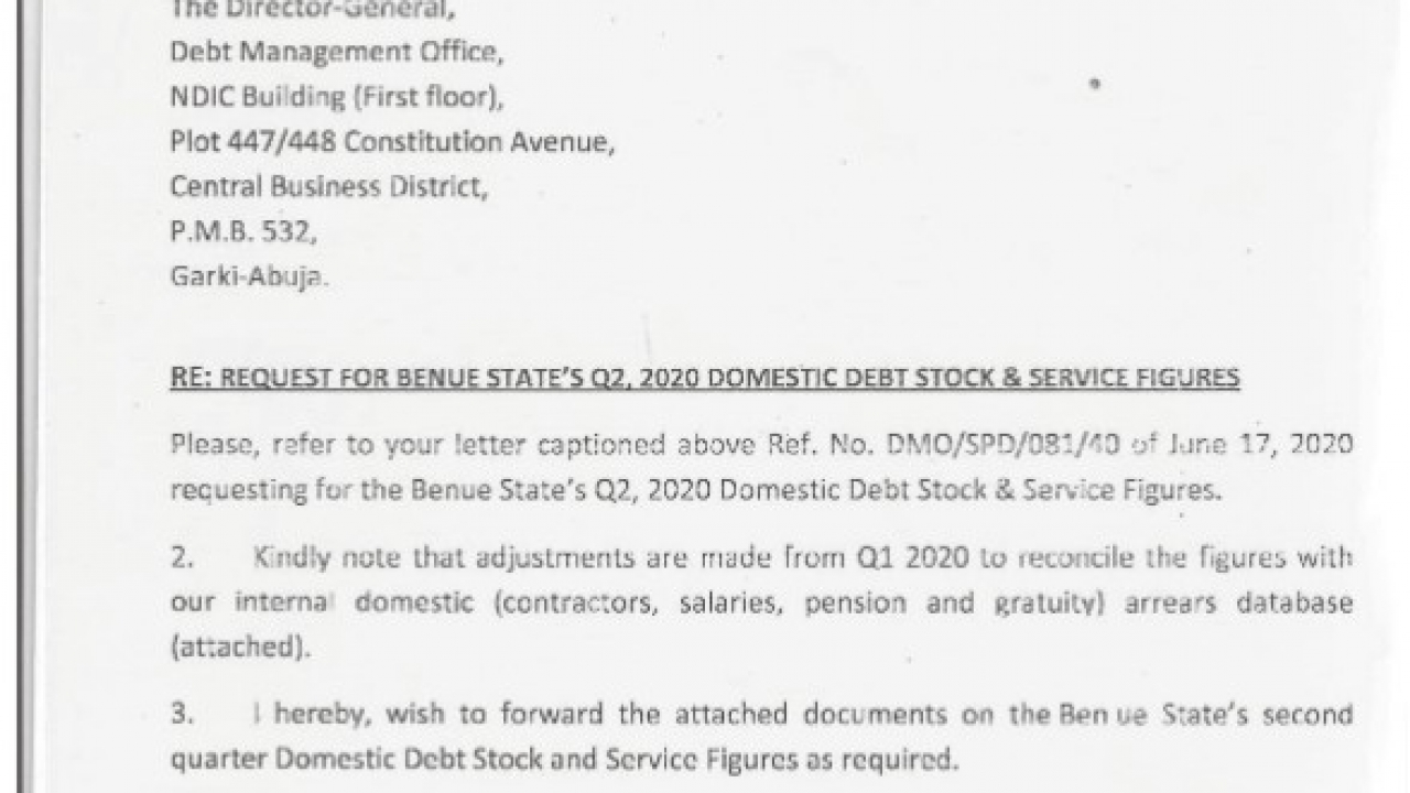 YEAR 2020 BENUE STATE 2ND QUARTER DOMESTIC DEBT DATA REPORT
